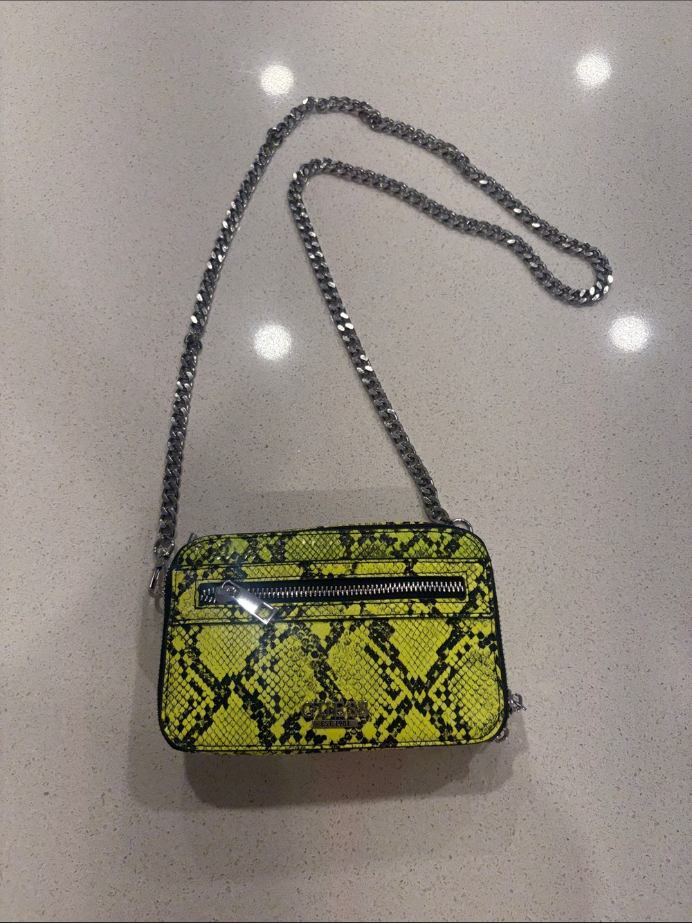 Guess Snake-Print Crossbody Bag with Silver Chain
